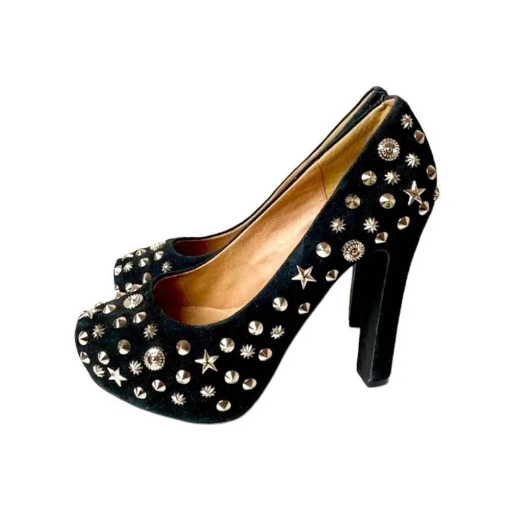 Jeffrey Campbell Black Suede Silver Studded Celestial Platform High Heels NEW